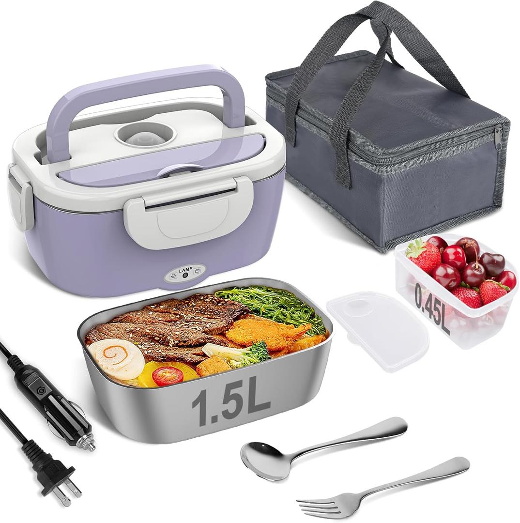 Vabaso Electric Lunch Box Food Heater, Electric Heating Lunch Boxes Lunch for Adults/Men/Car/Truck, 80W 1.5L Removable 304 Stainless Steel Container, 110V/12V/24V, with Fork & Spoon (Light Purple)