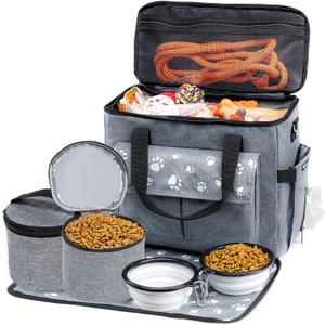 Large Dog Travel Bag, Airline Approved Dogs Bags for Traveling, 2 Dog 's Food Travel Container and Collapsible Bowls, Weekend Pet Travel Bags (Grey)