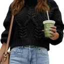 Saodimallsu Womens Cable Knit Cropped Sweater Fall Chunky Puff Long Sleeve Crewneck Loose Casual Pullover Tops (Small, Black)