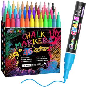 Extra Fine Tip Liquid Chalk Markers for Chalkboard, 36 Colors Window Liquid Chalk Marker Pens with 1mm Fine Tips, Washable Erasable Wet Erase Marker Pens Set for Bistro, Car Glass, Poster, Blackboard