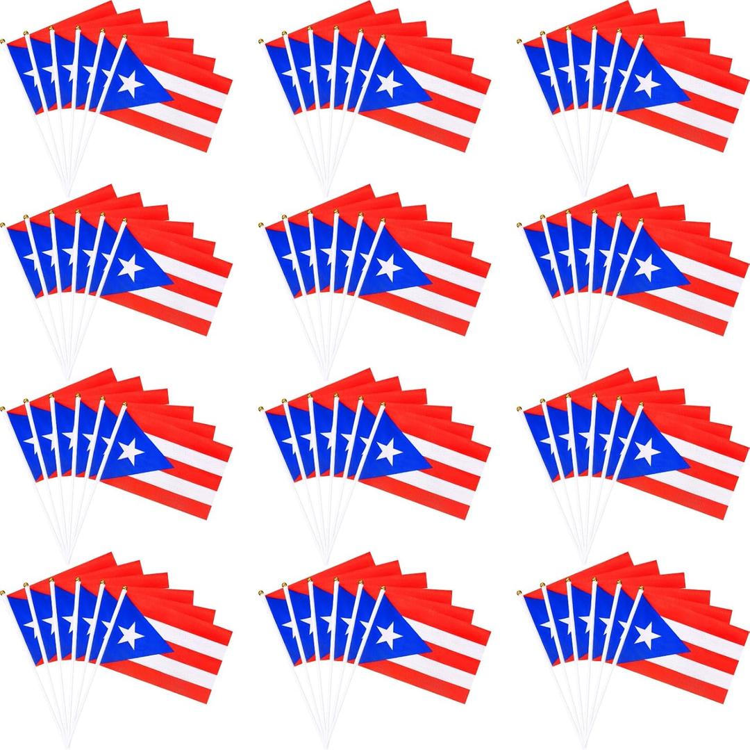 100 Pcs Puerto Rico Flags on Stick - 5x8 Inch Mini Handheld Puerto Rican Stick Flags Bulk - Boricua Parade, Baseball Classic Sports Event & Spring Break Party Decorations Supplies
