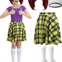 3 Pcs Women Cartoon Costume Red Ponytails Wig Yellow Plaid Skirt White Stocking for Girls Women Halloween Cosplay (Large)