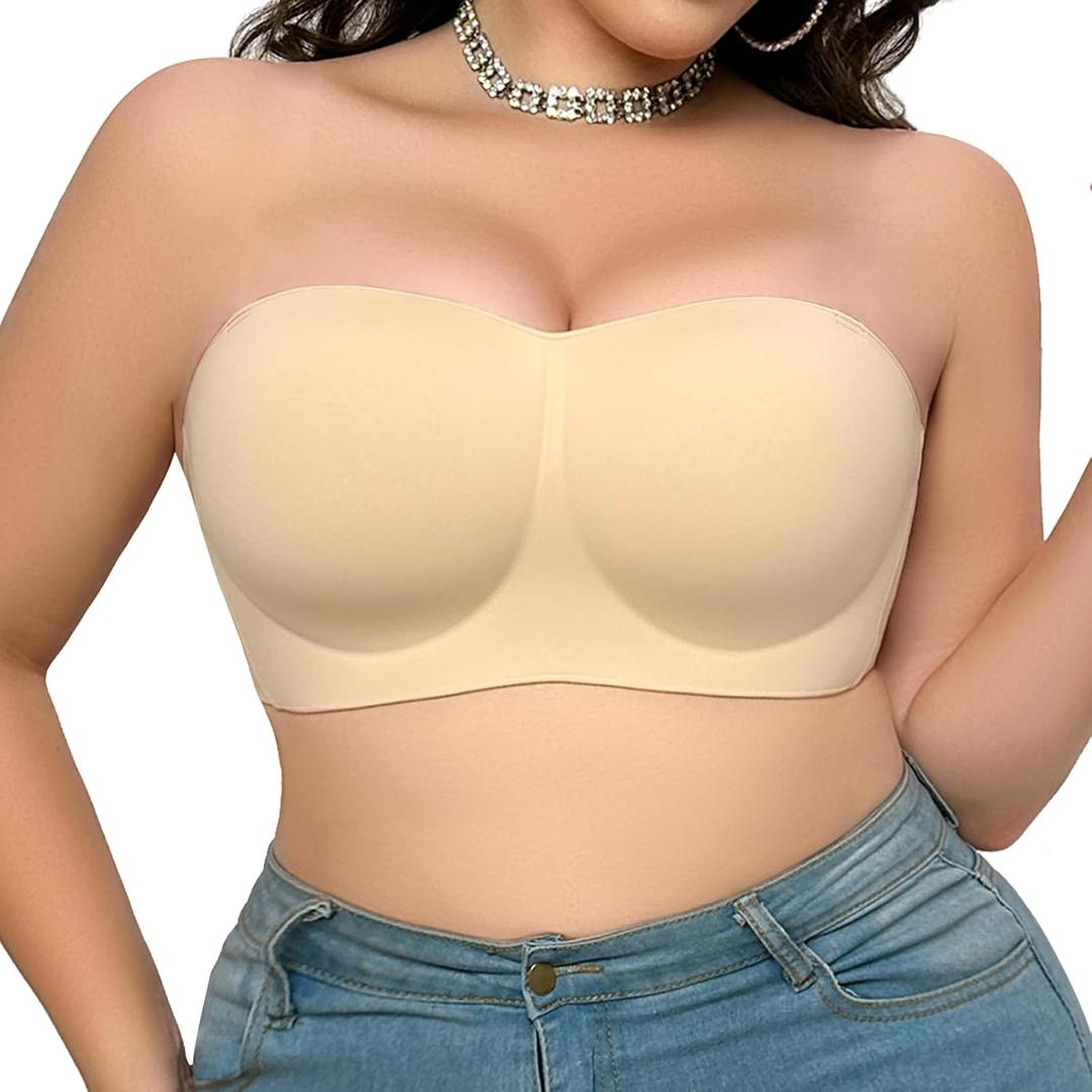Strapless Push-Up Bra for Fuller Busts, Convertible Bandeau Bra with Lightly Lined Cups and Back-Smoothing Support (Nude)