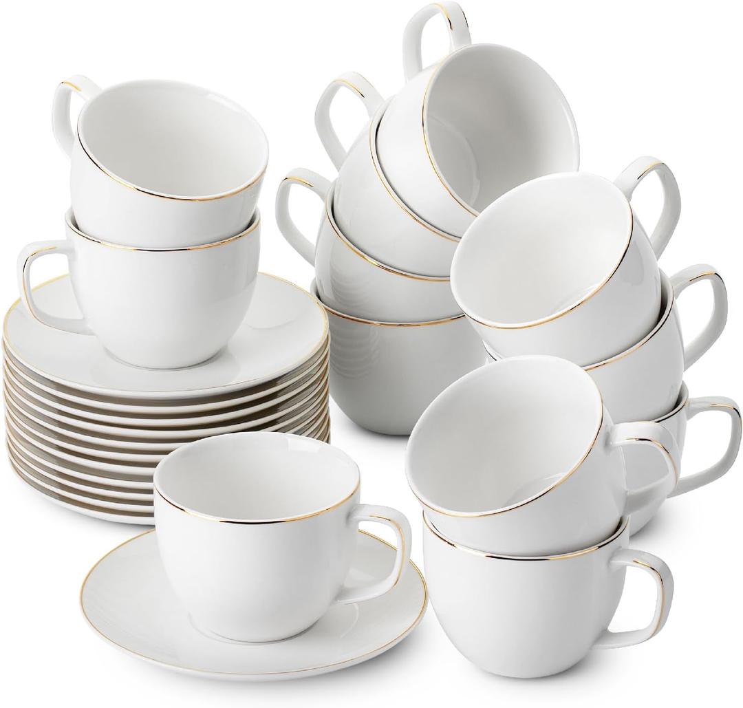 BTaT- Tea Cups and Saucers with Gold Trim, Set of 12, 8oz, White Porcelain Tea Cups