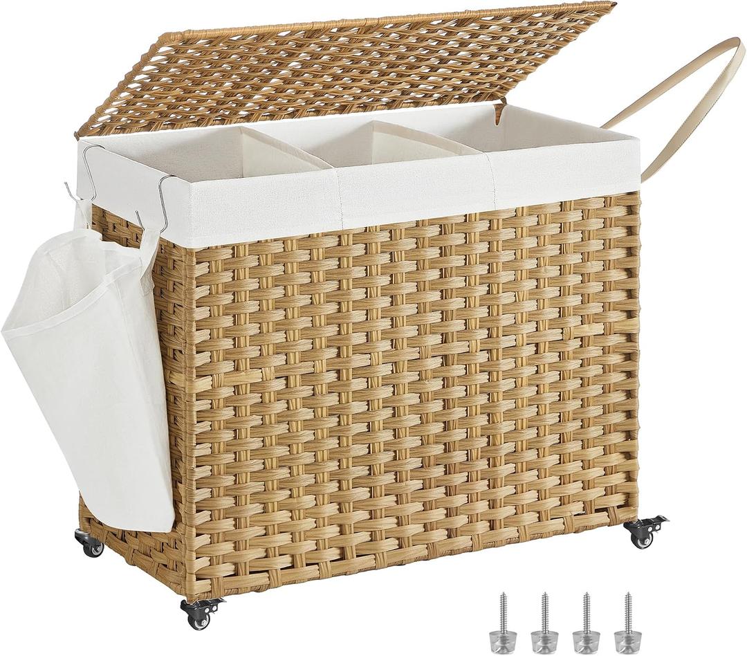 SONGMICS Laundry Hamper with Lid, 42.3 Gallons (160 L), Rolling Laundry Basket with Wheels, 3-Section Synthetic Rattan, Removable Liner, Bedroom, 29.9 x 13 x 26 Inches, Natural ULCB365N01