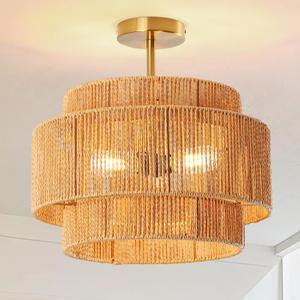 16" Boho Rattan Woven Semi Flush Ceiling Light Fixture, 16-inch Three-Tier Vertical Stripes