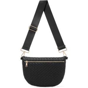 Woven Crossbody Bags For Women, Checkered Fashion PU Bum Bag Waist Pack, Travel Sling Purse with Adjustable StrapDark Balck)