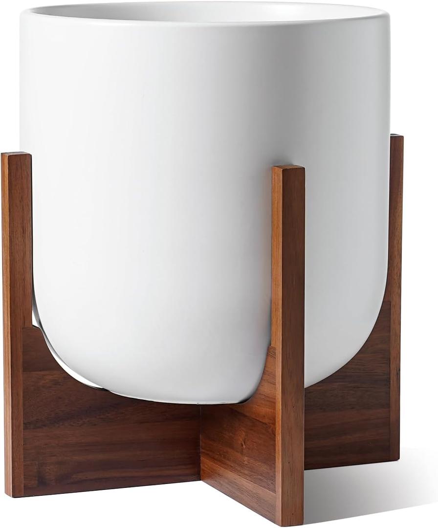 LE TAUCI 12 Inch Pots for Plants with Acacia Wood Stand, Ceramic Large Planters for Indoor Plants, Indoor Planters for Office Living Room, Cylinder Pots with Drainage Hole and Plug, White