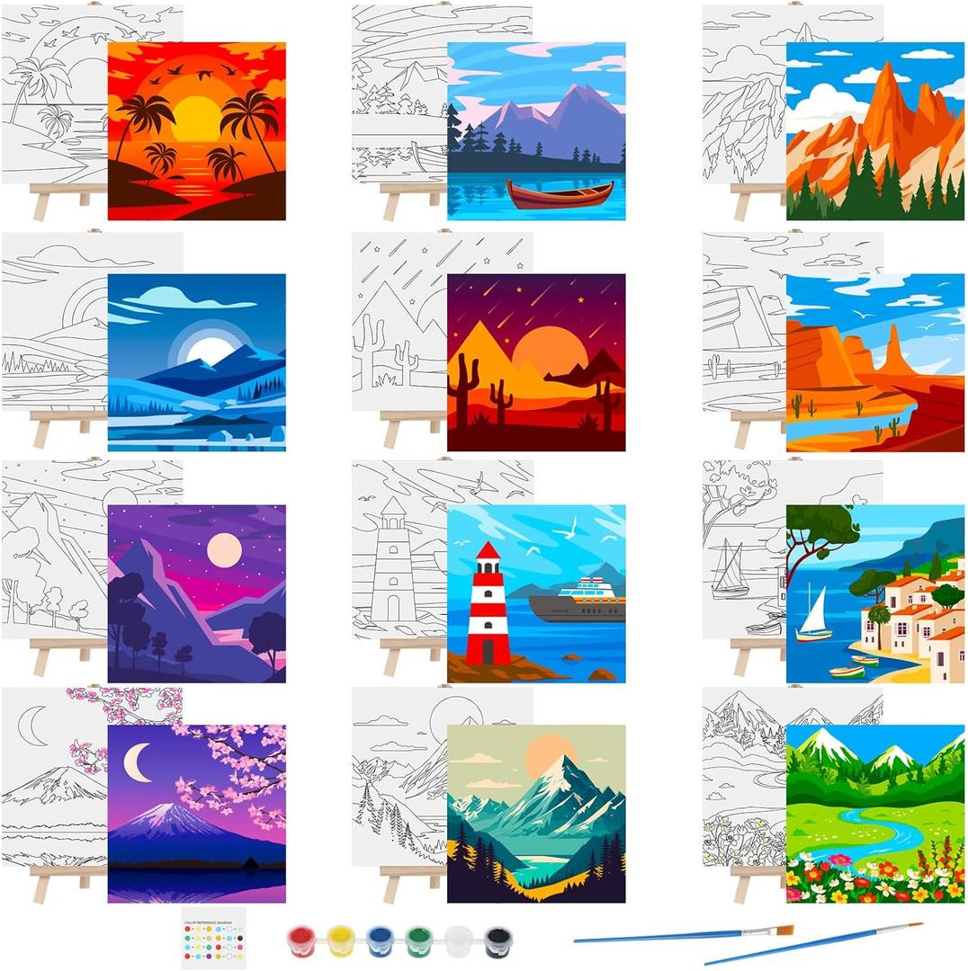 Tenceur 12 Sets Pre Drawn Canvas to Paint Kid Adult Stretched Coloring Painting Canvas Panels with Design Easel and Brushes for Party Supplies Beginner Favor(Landscape)