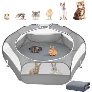 2-in-1 Small Animals Playpen with Pad, Waterproof Small Pet Cage Tent with Reusable Pad, Portable Outdoor Yard Fence with 3 Metal Rod for Chick/Kitten/Puppy/Guinea Pig/Rabbits/Chinchillas, Gray