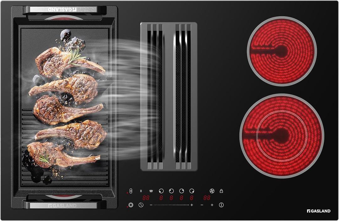 GASLAND Electric Downdraft Cooktop 31.5 Inch(80cm), 4 Burners Glass Radiant Stovetop 220V, 3-speed Max. 330 CFM Downdraft Exhaust