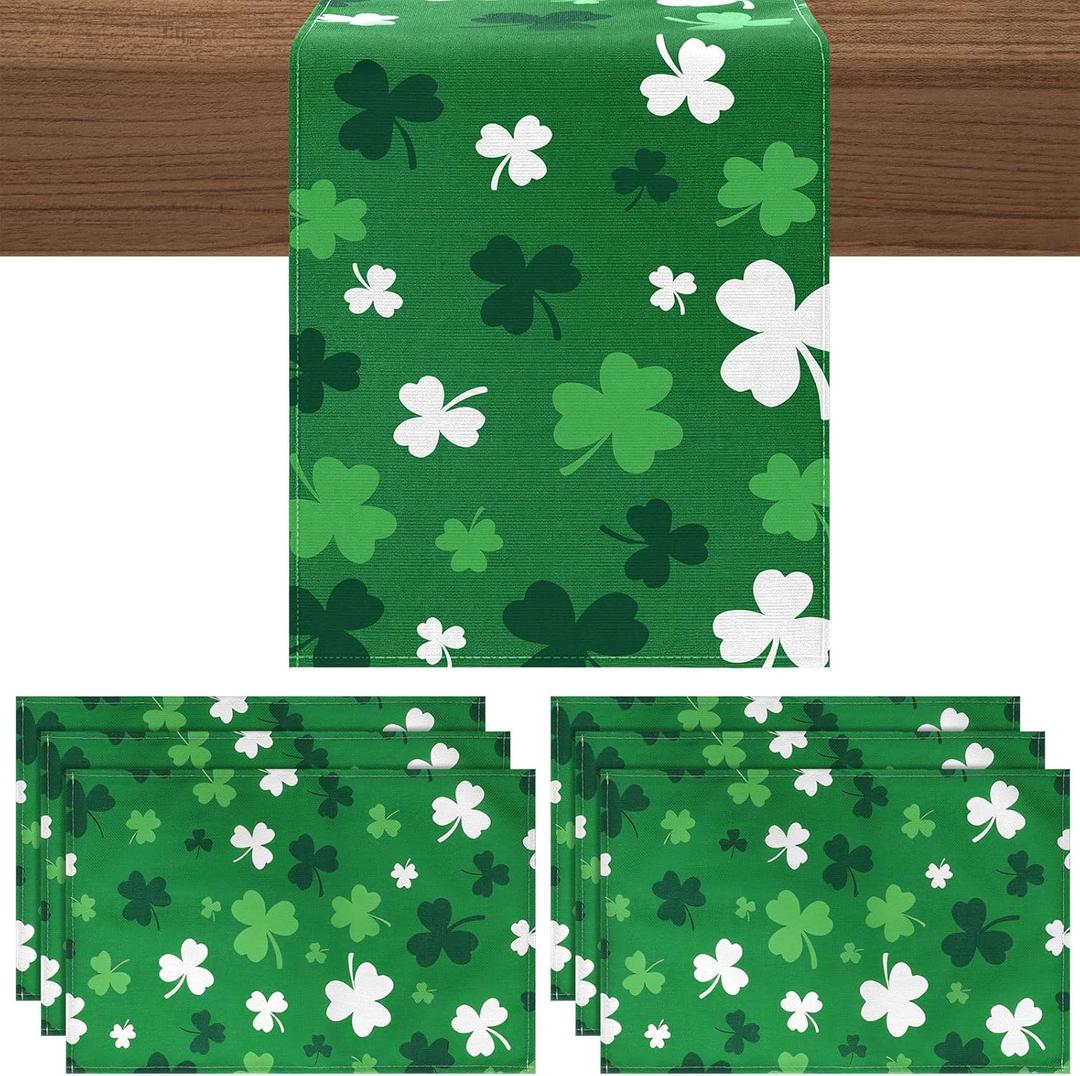 St. Patrick's Day Shamrock Table Runner and Placemat Set of 7, 12 x 18 Green Clover Place Mats 13 x 72 Seasonal Spring Table Runner for Irish Holiday Party Kitchen Dining Decor(Shamrock)