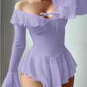 OYOANGLE Women's 2 Piece Off Shoulder Long Sleeve Ruffle Mesh Sheer Nightgowns with Thongs Babydoll Lingerie Set (Purple, S)