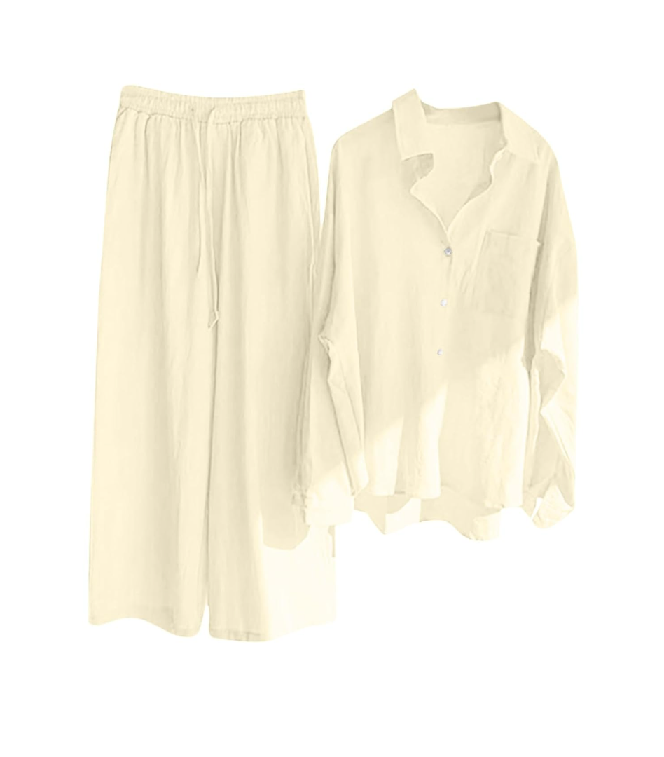 Women Long Sleeve Lapel Shirt Suits Fashion Retro Button Down Cotton Linen Work Blouse with Solid Elastic Waist Pant, S