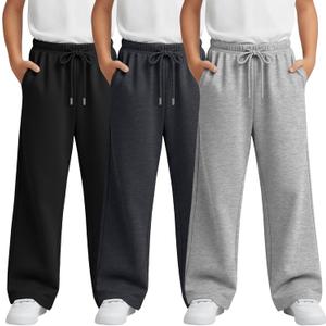3 Pack Boys Baggy Sweatpants Athletic Wide Leg Joggers Elastic Waist Track Pants Open Bottom Pants with Pockets, 11-12Y