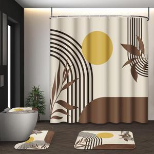 Boho Mid Century Shower Curtain Set with Toilet Lid Cover and Non-Slip Rugs, Abstract Geometric 4 Pcs Modern Minimalist Brown Yellow Vintage Shower Curtain for Bathroom Set with 12 Hooks