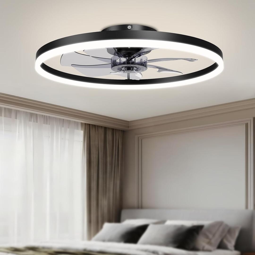 VOLISUN Low Profile Ceiling Fans with Light and Remote,23.6in Fandelier Ceiling Fan with Lights, 3000K-6500K Dimmable Flush Mount LED Fan Light, Black Bladeless Ceiling Fans with Lights for Bedroom