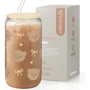 Bear Glass Can, Iced Coffee Aesthetic Cup, Gift for Christmas Birthday, Gifts for Women Girls, 16oz