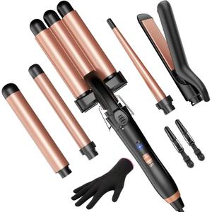 5 in 1 Wand Curling Iron-Kinked Curling Wand Set with Flat Iron Hair Straightener, 3 Barrels Hair Crimper, 3 Ceramic Curling Irons (0.35"-1.25"), 2 Temps Fast Heat Hair Waver Curler, Rose Gold