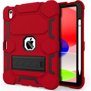 CCMAO Case for iPad (A16) 11th/10th Generation(2025/2022), iPad 10th Case with Kickstand & Pencil Holder, Heavy Duty Shockproof Hybrid Three Layer Protective Cover for Girls Women, Red+Black