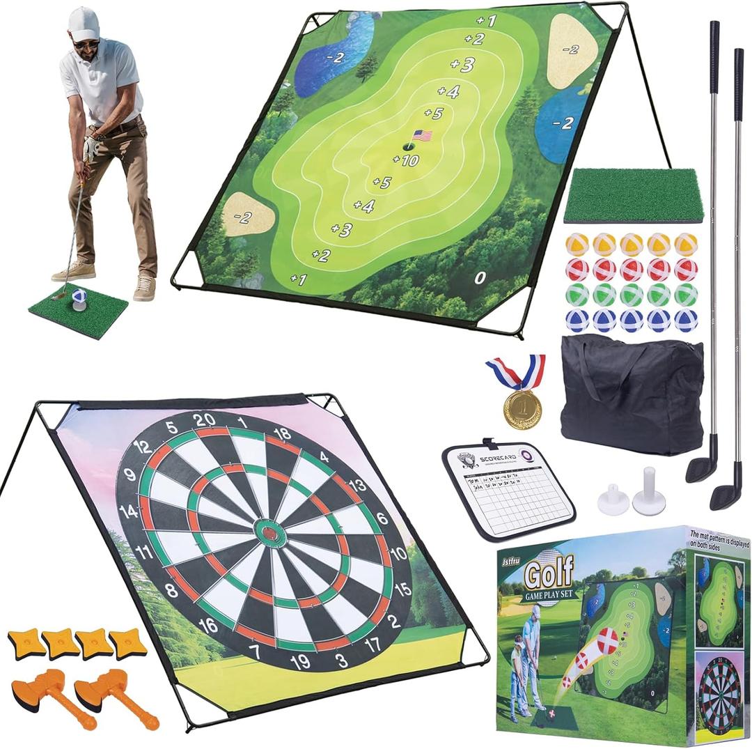 Golf Chipping Game with Hitting Mat, 70"x70" Double-Sided Mat with Classic Darts Game, Portable Outdoor/Indoor Practice Set for Adults, Comprehensive Accessories for Junior Golfer