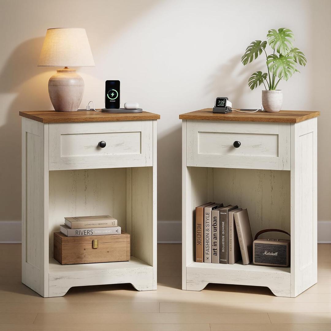 VASAGLE White Nightstand with Charging Station, 1 Drawer, Set of 2, 2 pack