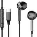USB C Headphones for Galaxy S25 S24 FE S22 S21 S20 A53 A54, Metal Type C Bass Stereo in-Ear Earphone with Microphone Volume Control for iPhone 16 15 (Dark Black)