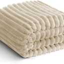 HIMEET Linen Ribbed Queen Size Blanket for Bed - 300GSM Lightweight Fleece Blanket for Men Women, Large Cozy Sofa Couch Cover Bed Blankets Gifts, Striped Spring Home Room Decor, Linen, 90x90 Inches