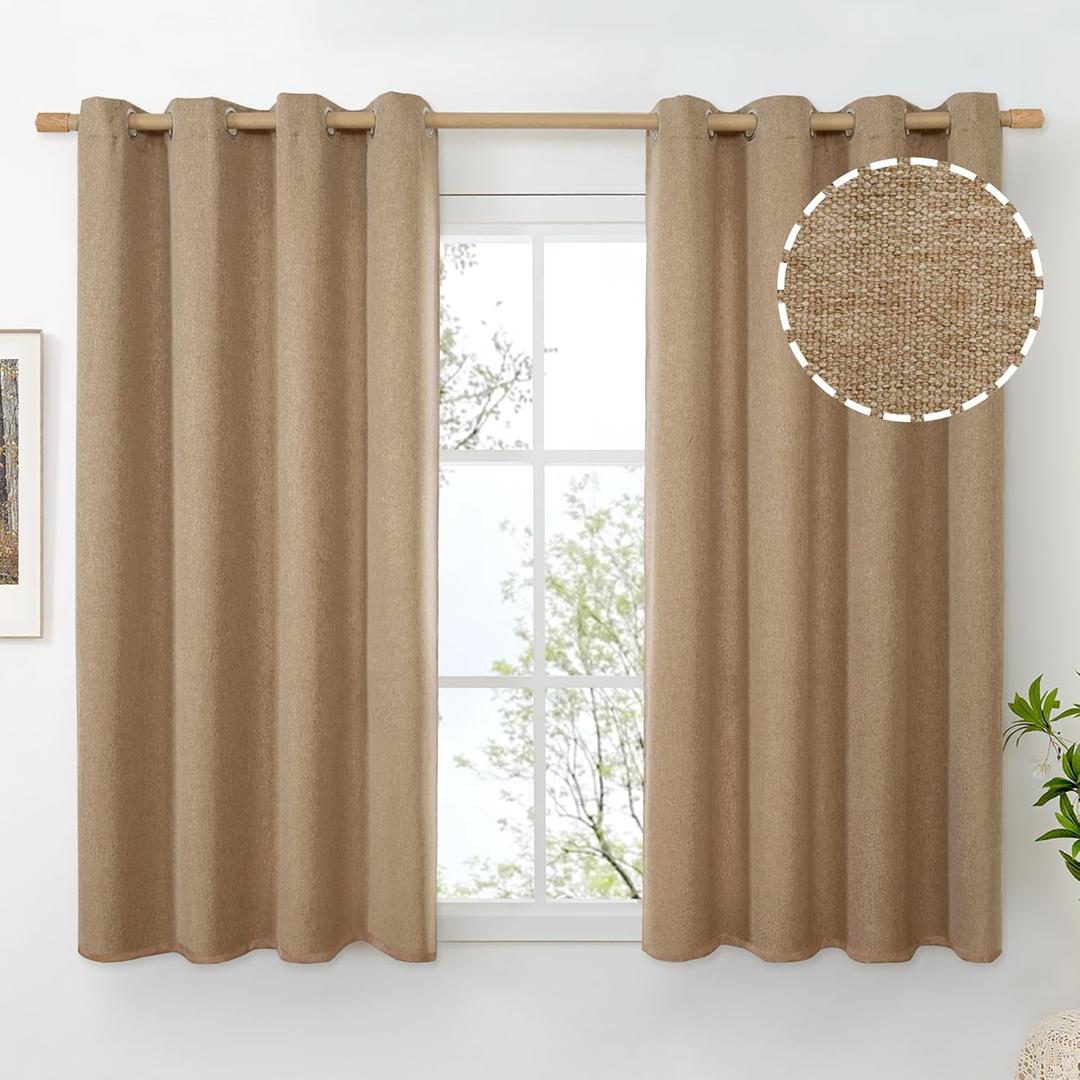 BGment Camel Linen Curtains 54 Inch Length for Short Window, Burlap Semi Sheer Drapes Light Filtering with Grommet Privacy Non See Through for Living Bedroom Farmhouse, 2 Panels, Each 52 Inch Wide