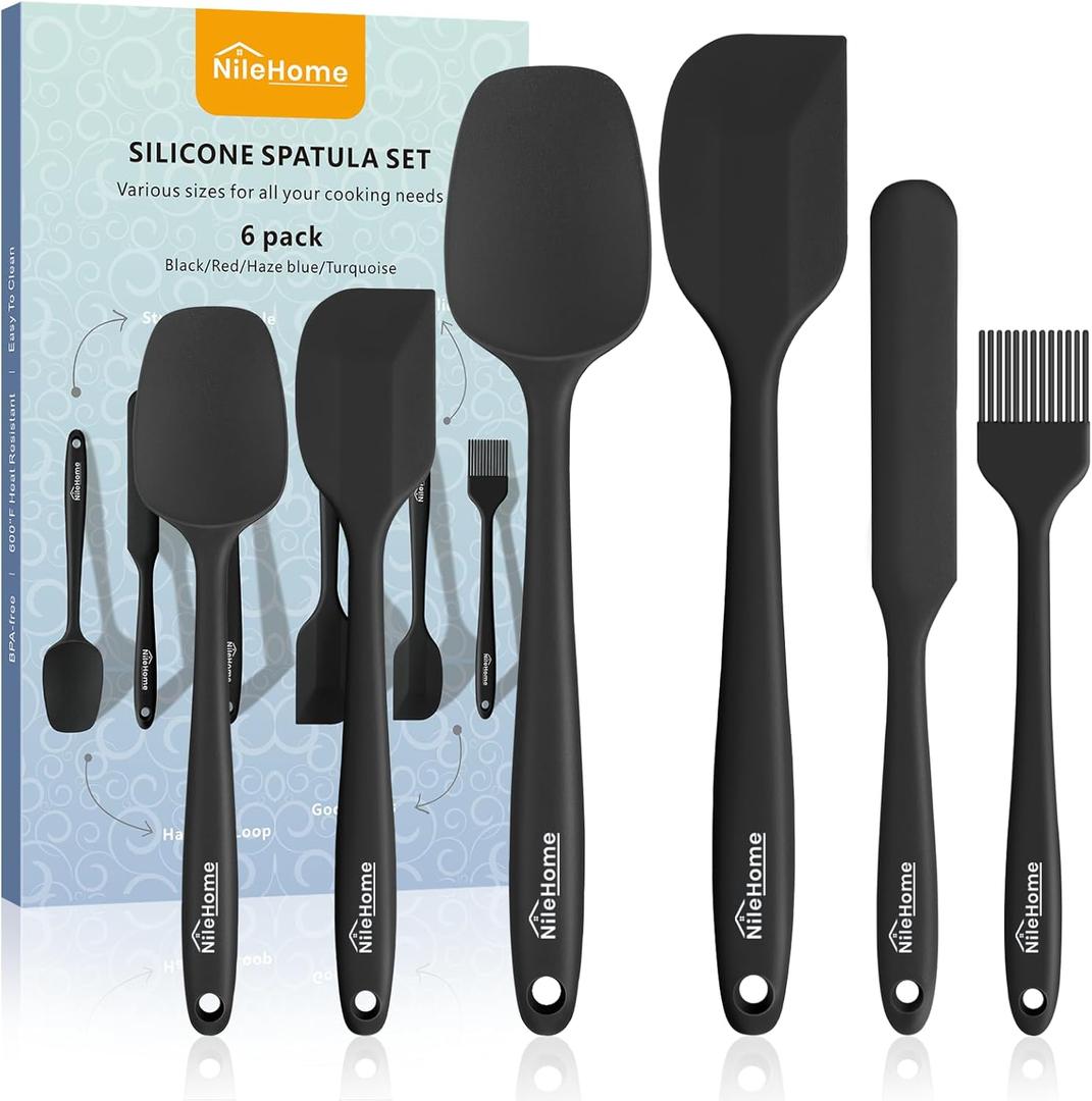 NileHome Silicone Spatula Set, 6 Pieces Food Grade Kitchen Utensils with Silicone Brush Heat Resistant BPA-free Rubber Spatula for Scraping, Baking, Cooking, Mixing (Black)
