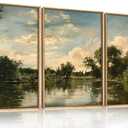 Large Natural Forest and Lake Framed Canvas Wall Art, Modern Countryside Wall Decor, Vintage Neutral Landscape Artwork, Rustic Antique Scenery Art Print for Living Room,Bedroom, Office- 16"x24"x3