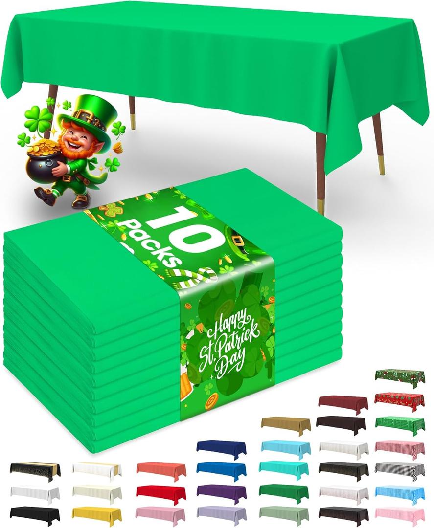 Pureegg Plastic Table Cloth Disposable 10 Pack, 54 x 108 Inch Table Cloths, St Patricks Day, Christmas Decorations, Tablecloths, Rectangle, Forest, Plastic Cover, Leakproof & Sturdy, Green