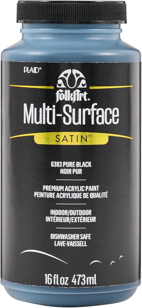 FolkArt Multi-Surface Satin Acrylic Paint in Assorted Colors, 16 oz, Pure Black 16 Fl Oz