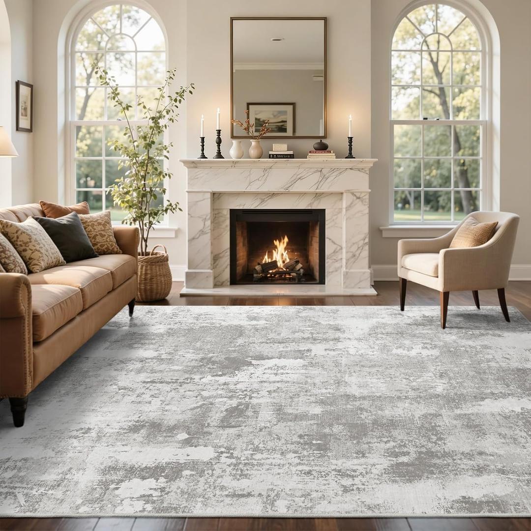 9x12 Ft Extra Large Washable Area Rugs for Living Room, Soft Non-Slip Modern Abstract Pattern Carpet for Bedroom Indoor Floor Nursery Home Decor (Light Grey)