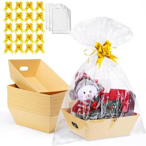 AFOROEOA 20PACK Baskets for Gifts Empty, 10x12Thick Kraft Gift Basket with 20 Bows 20 Bags Empty Gift Baskets for Christmas, Valentines Day, Easter, Birthdays, Snacks, Farmers Market