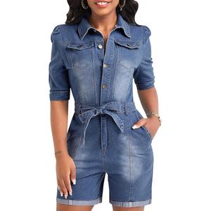 Womens Casual Short Sleeves Denim Romers Elastic Waist Button Down Onesie Jumpsuits with Pockets
2XL