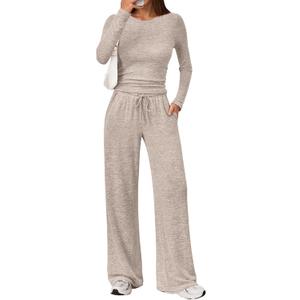 LILLUSORY Womens 2 Piece Matching Lounge Sets 2025 Fall Fashion Knit Sweater Airport Travel Vacation Outfits Gym Sweatsuits (Large, Khaki)