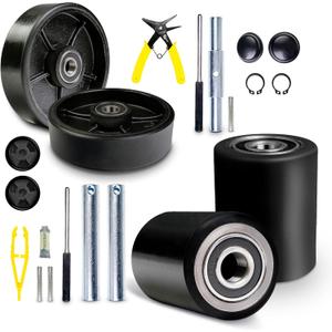 Pallet Jack/Truck FULL SET BLACK with Back Axle, Steering Wheels 7"x 2" Pair, Front Load Roller 3" x 3.75" Pair with Bearings ID 20mm Poly Tread Black With Entry Exit Roller and Protective Caps