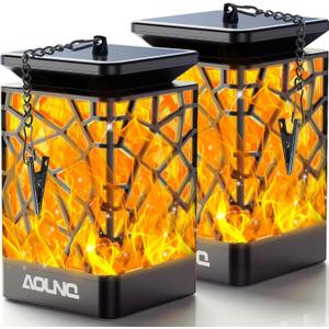 Solar Lanterns Outdoor Waterproof 2 Pack - Upgraded Hanging Solar Lights with 99 LEDs Flickering Flames for Garden Patio Yard Porch & Camping Decorative Lighting