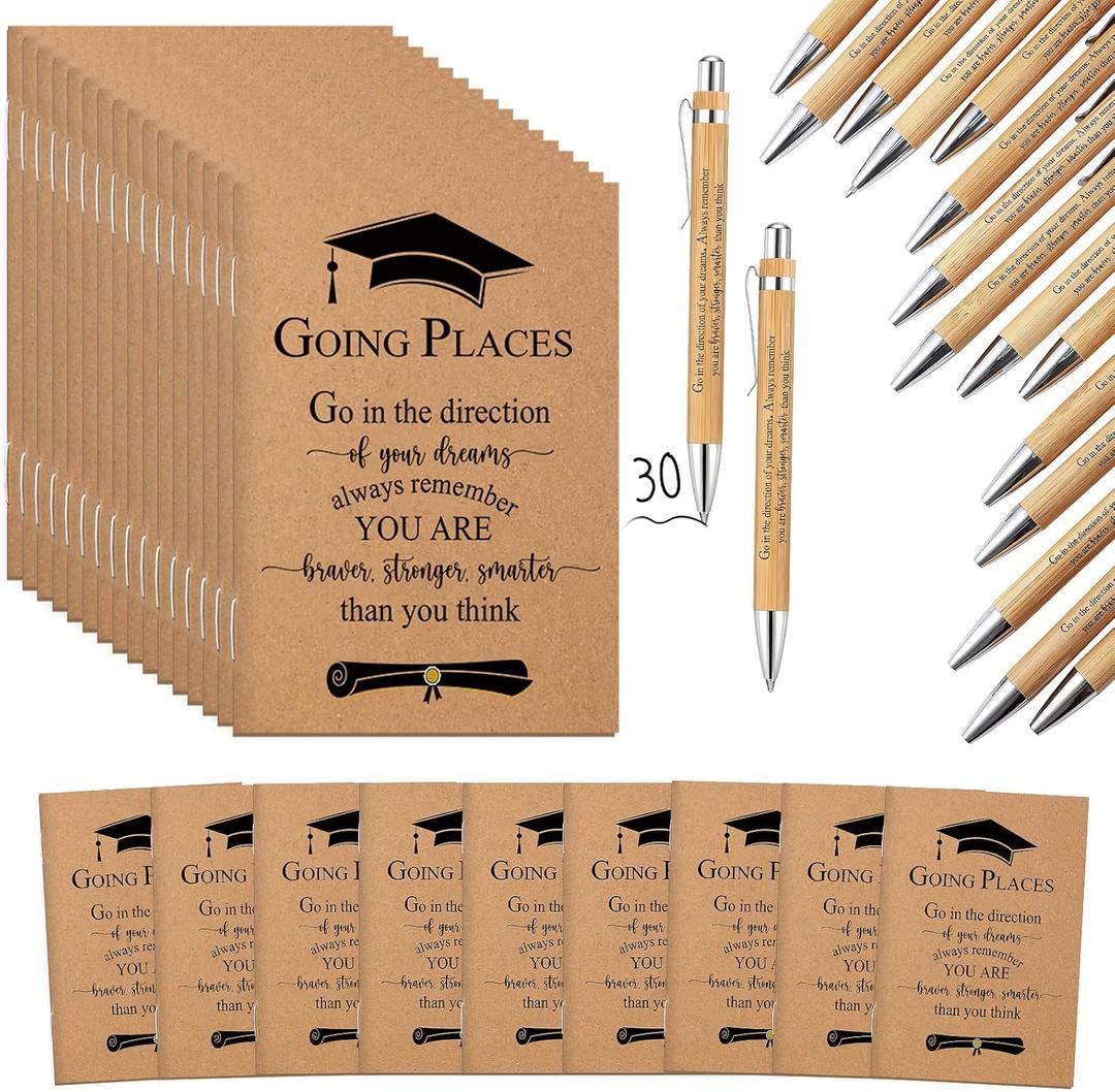 Kosiz 60 Pcs 2026 Graduation Gifts Bulk Motivational Kraft Notebooks Ballpoint Pens Inspirational Mini Journal Bamboo Plastic Retractable Pen for Class of 2026 College Grad Gifts (Wooden)