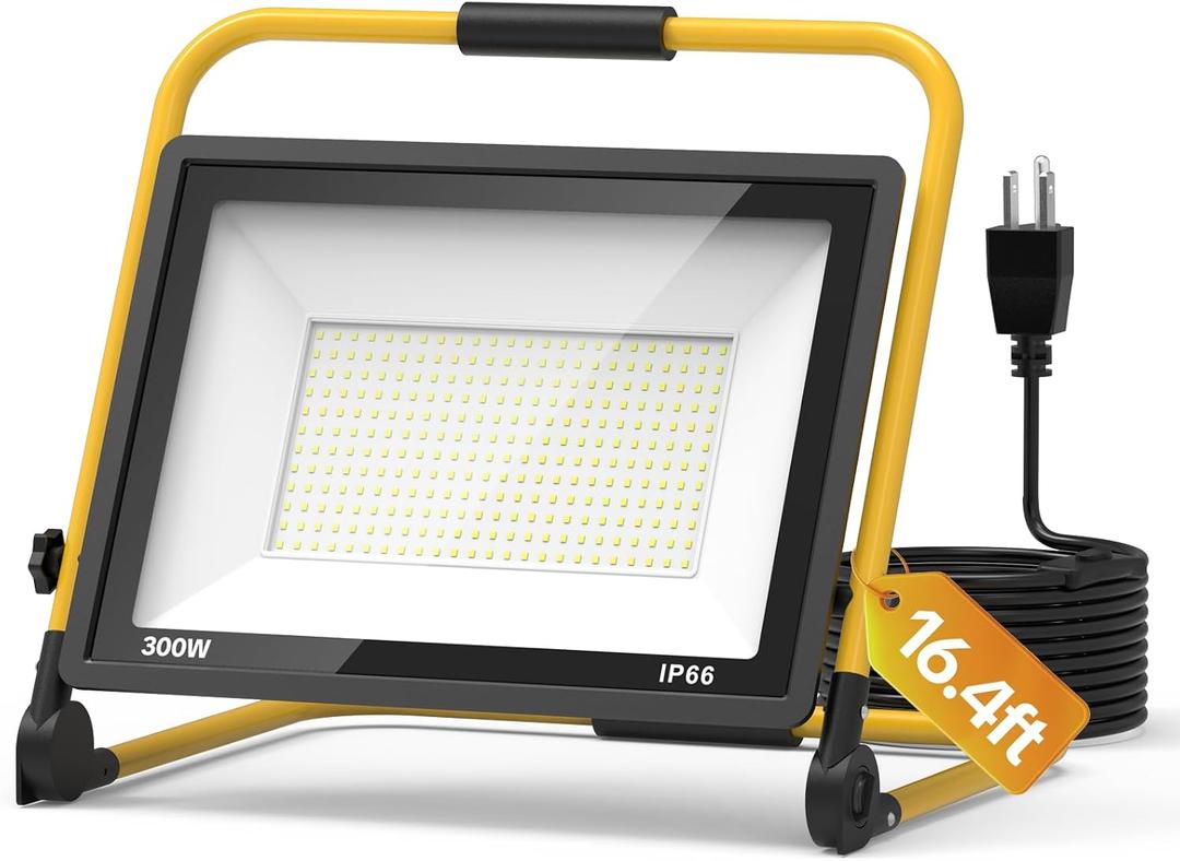 AIKVSXER Portable LED Work Light, 300W 36000LM Job Site Lights, 1 Pack | IP66 Waterproof Worklight, Construction Work Lighting, 120° Beam Angle Adjustable Bracket Plug & Play with 16.4ft Power Cable