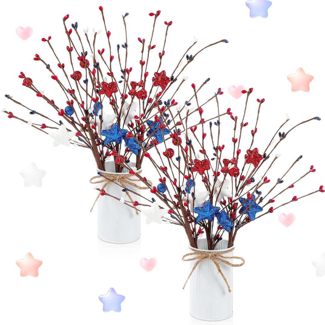 SiliFine 2 Sets Patriotic 4th of July Centerpieces for Tables Red White Blue 250th Anniversary Decor Memorial Day Flowers Include 11.81 Inch Artificial Berry Stem Stars Picks and Vase for Home Office