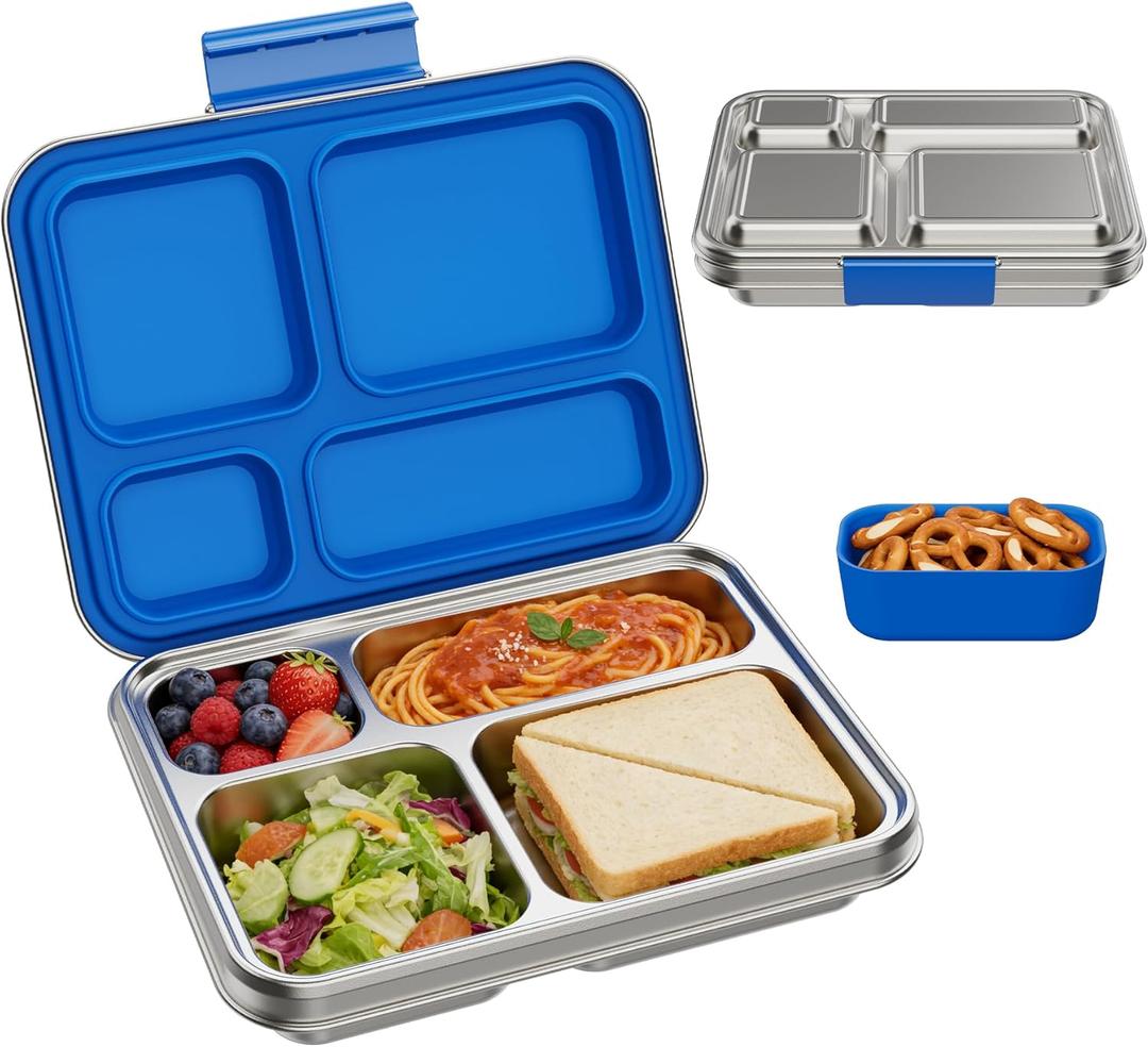 BABHAMNESS Stainless Steel Kids Bento Lunch Box, 4-Compartments with Silicone Container, Dishwasher-Safe, Child-Friendly Design for School and Travel, BPA-Free (Blue)
