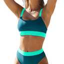 ZINPRETTY Women High Waisted Bikini Sets Color Block Swimsuits 2 Piece Bathing Suits Tummy Control Sporty Teens (Large, Peacock Green Swimsuits)