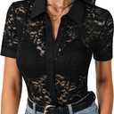 LYANER Women's Lace Tops Button Up Sexy Short Sleeve Shirt Dressy Casual Sheer Top Collared Blouse (Black) XLarge