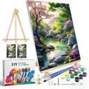 JOOZ Paint by Numbers Kit for Adults with Frame, Landscape Paint by Number Canvas, Mountain Paint by Numbers with Easel, DIY Flowers Scenery Oil Painting Kit for Home Wall Decor 8 x 12 Inch