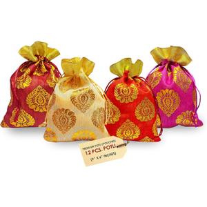 Craftsman 12 Pcs Big Size (9x6 Inch) Designer Potli Organza Pouch Favour Bags, Dry Fruit Diwali Gift Packaging Bag Handmade Premium Fabric With Random Design indian Housewarming Return Gift Items Bulk