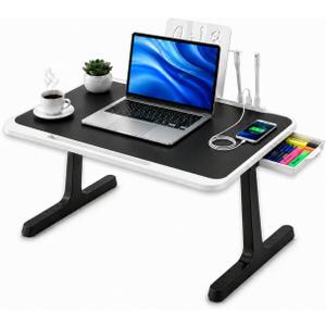 USB-C LED Light Foldable Lap Desk with LED Lamp, Cooling Fan & Book Stand — Portable Bed Laptop Table with Side Drawer, Phone & Tablet Holder, Charging Port