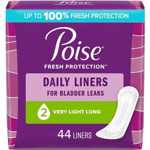Poise Daily Incontinence Panty Liners, 2 Drop Very Light Absorbency, Long, 44 Count of Pantiliners