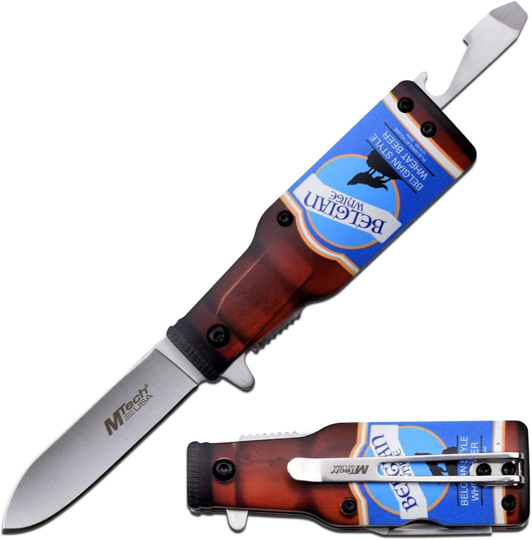 MTECH USA Folding Pocket Knife, 2.5" Blade, Beer Bottle Design, with Bottle Opener and Pocket Clip, EDC (Blue)